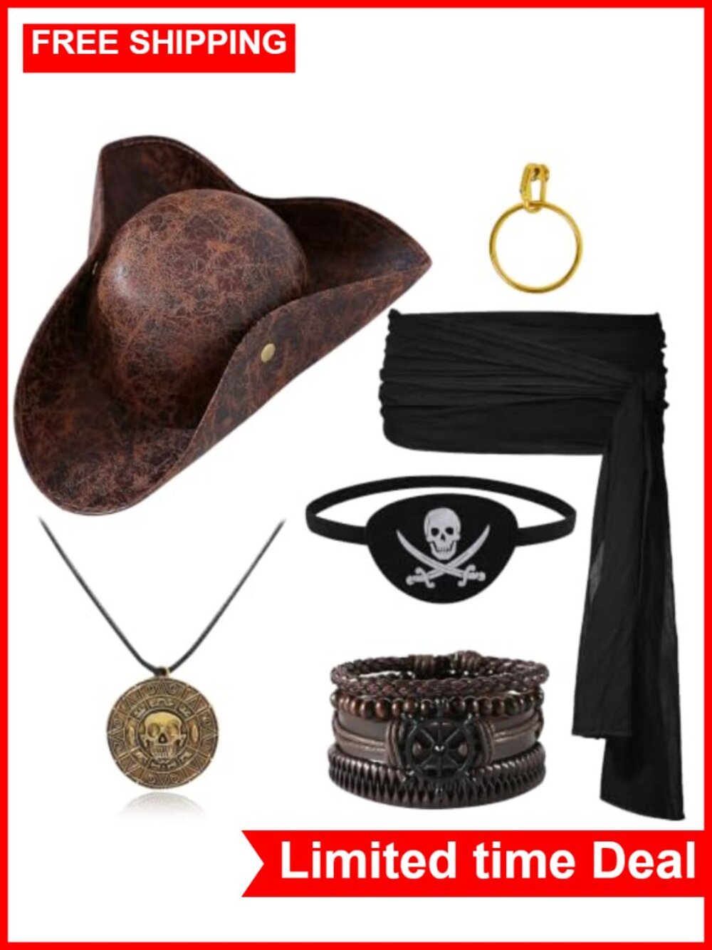 6 PC Pirate Costume Accessories Set Faux Leather Hat Eye Patch Jewelry